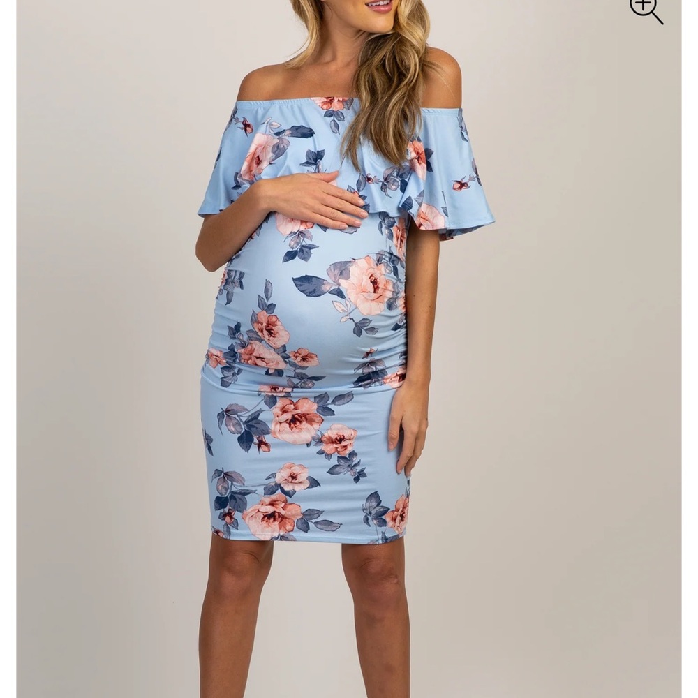 Light Blue Rose Print Ruffle Fitted Maternity Dress - Picture 4 of 4